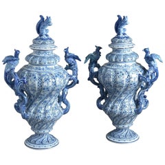 Large Pair of Rococo Revival Delft Lidded Vases