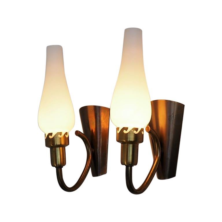 Danish Midcentury Brass and Opaline Sconces Made in the 1940s For Sale