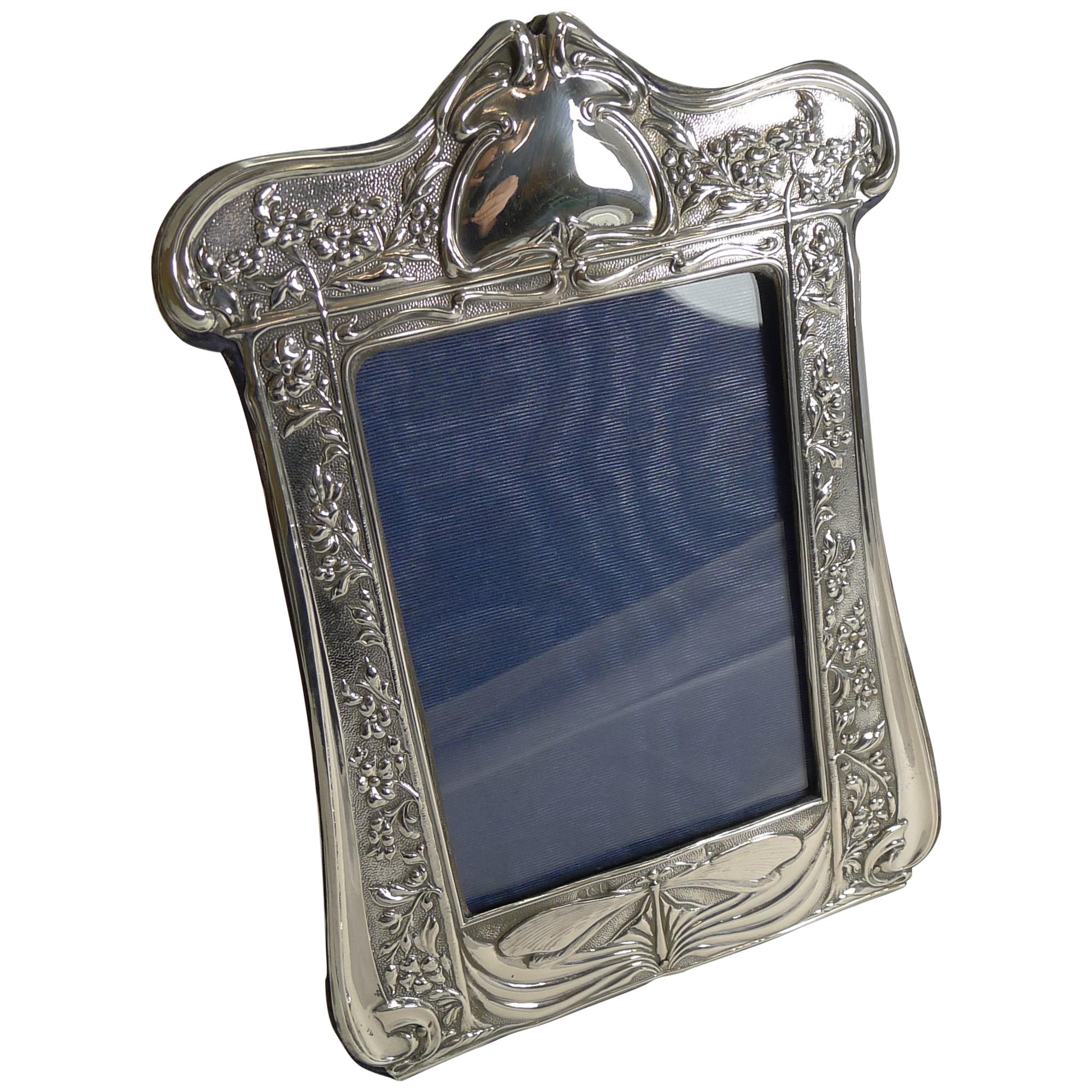 Art Nouveau English Sterling Silver Photograph Frame, Dragonfly, 1903