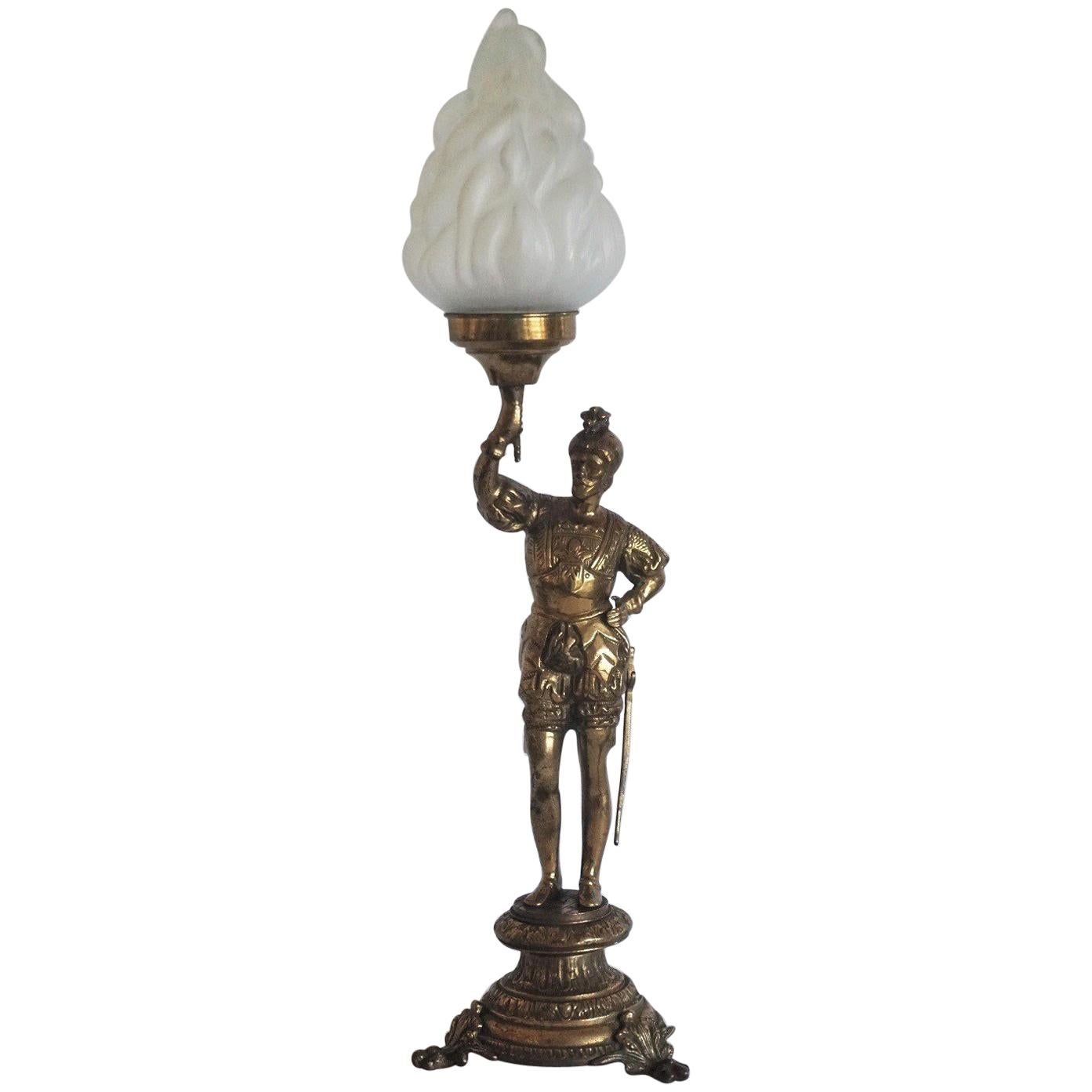 Early 20th Century Bronze Knight Sculpture Candelabra, Electrified Table Lamp