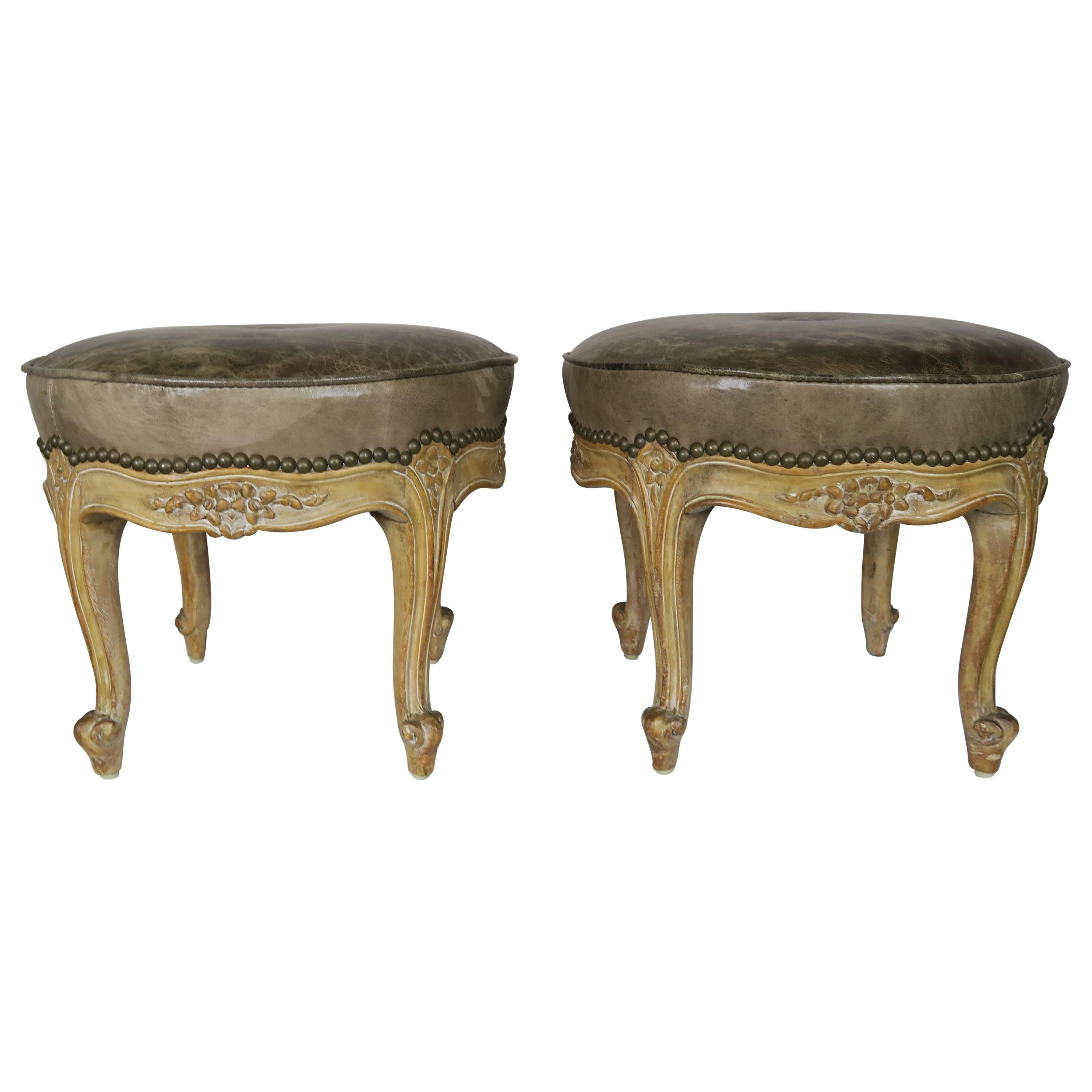 French Carved Walnut Leather Upholstered Stools, circa 1930s, Pair