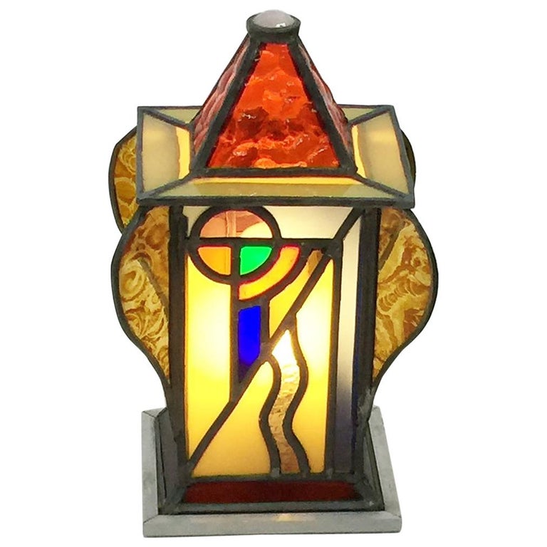 Art Deco Square and Organic Shaped Stained Glass Table Lamp For Sale at