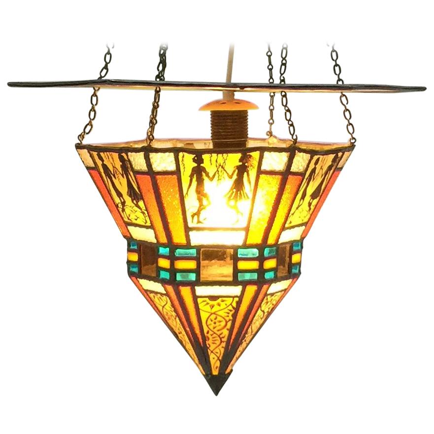 Art Deco Stained Glass Ceiling Lamp For Sale