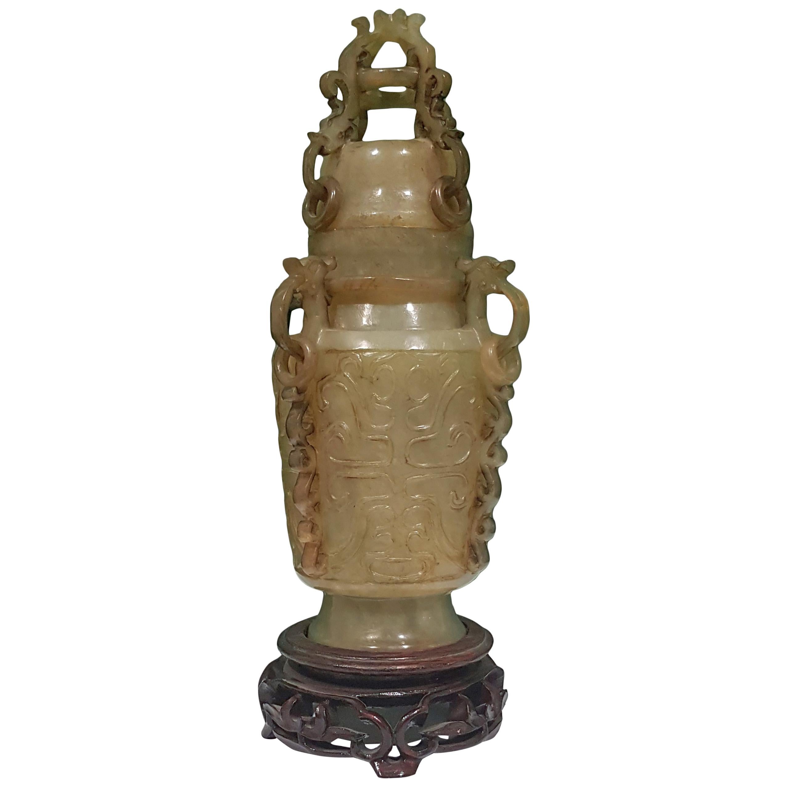 Green Jade Censer with Wooden Base Friezed with Decorations, China 20th Century For Sale