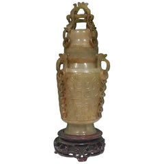 Green Jade Censer with Wooden Base Friezed with Decorations, China 20th Century