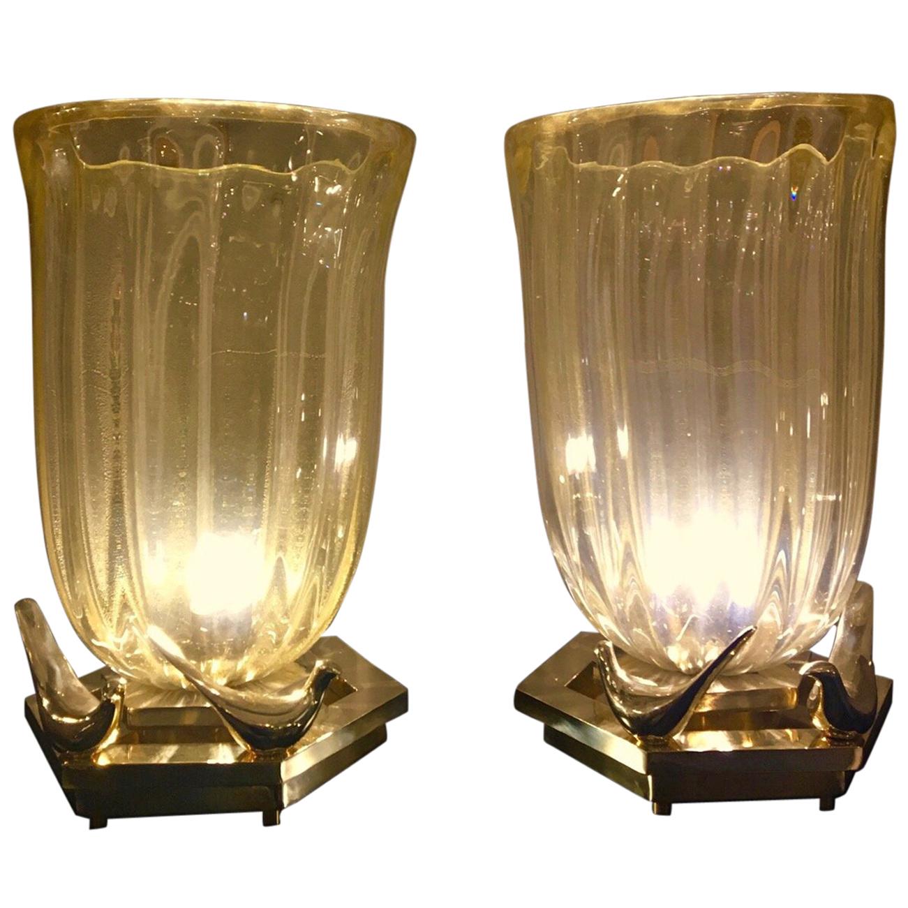 Pair of Murano Glass Infused with Gold Flecks Brass Base with Brass Birds, 1980s