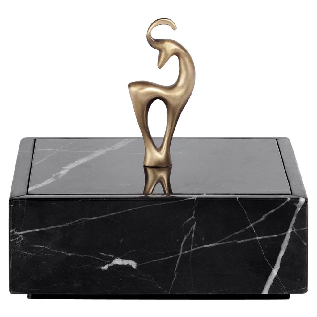 Contemporary Handmade Square Box "Elaphos" in Marble and Brass Handle by Anaktae