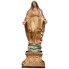 Antique 19th Century French Carved Polychrome and Gilt Terracotta Virgin Mary Statue