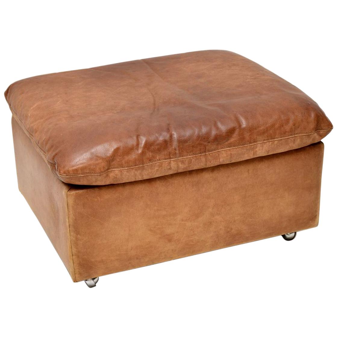 1960s Vintage Tanned Leather and Chrome Footstool Ottoman