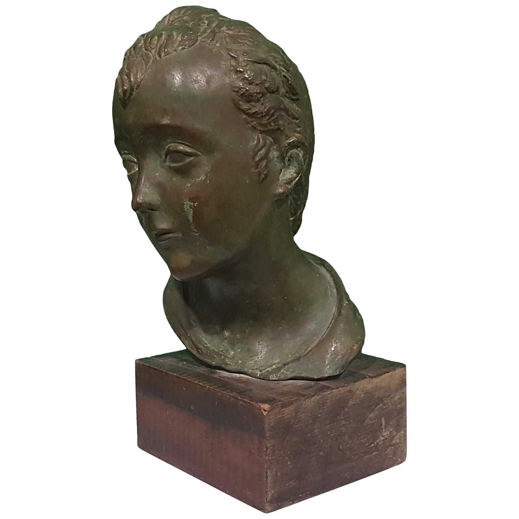 Tête de jeune garçon, sculpture en bronze d' Attilio Torresini, début de 1900