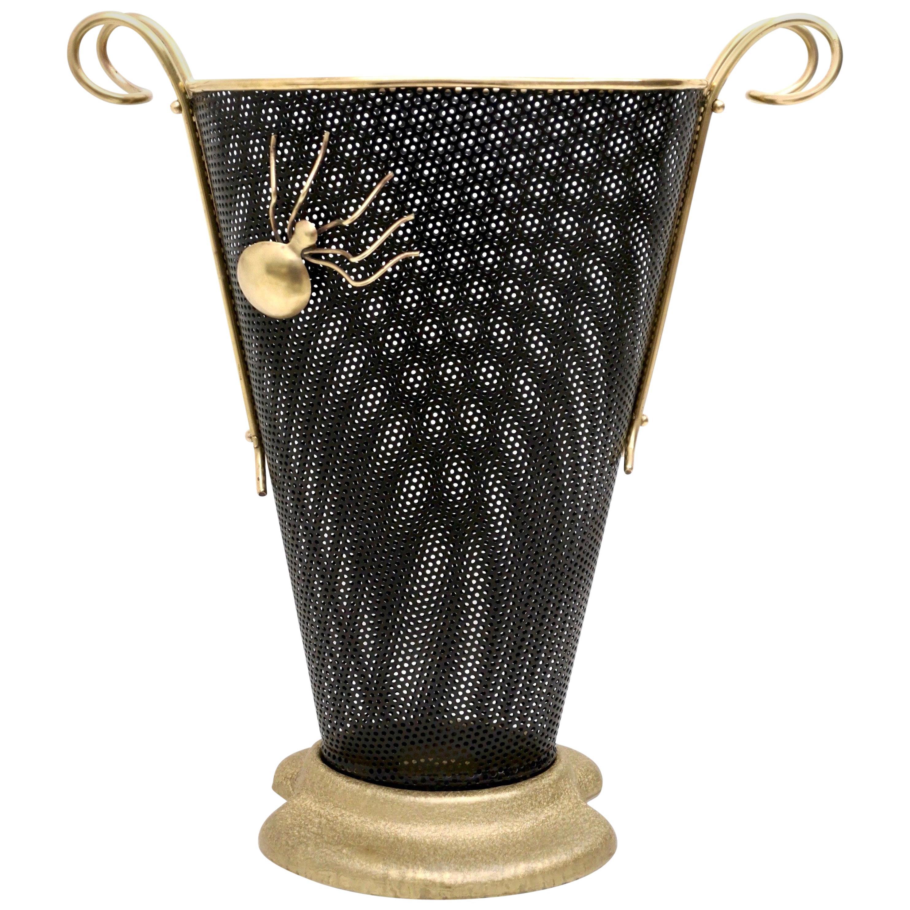Vintage Black Varnished Metal Umbrella Stand with a Brass Spider, Italy