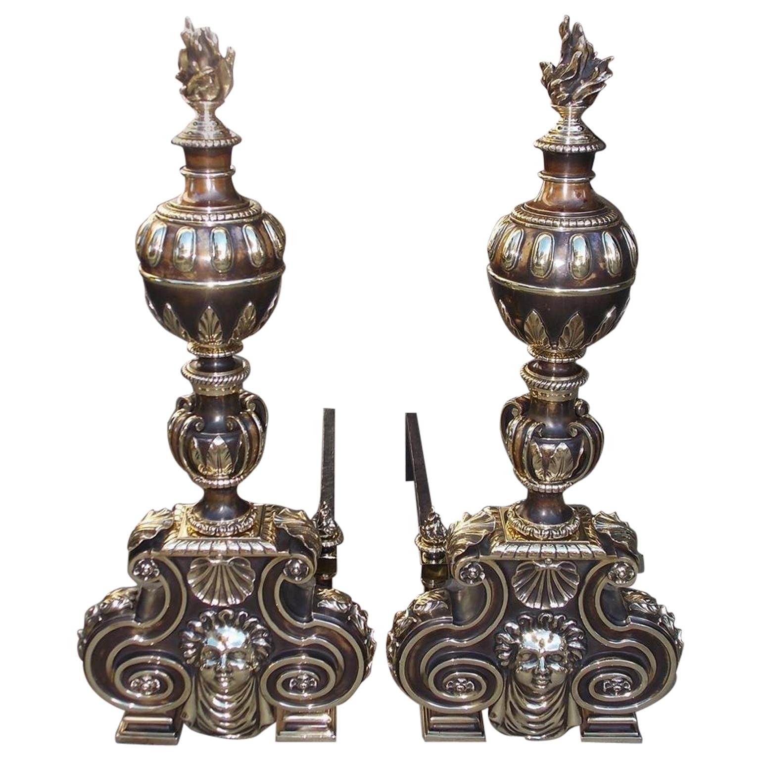 Pair of American Bronze Figural and Ball Top Flame Finial Andirons, N.Y. C. 1880 For Sale