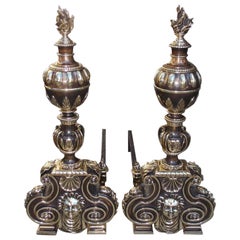 Antique Pair of American Bronze Figural and Ball Top Flame Finial Andirons, N.Y. C. 1880