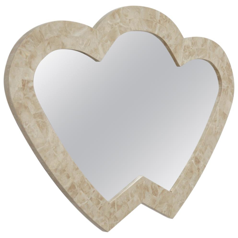 Postmodern Double Heart Beige Tessellated Stone Mirror, 1990s For Sale