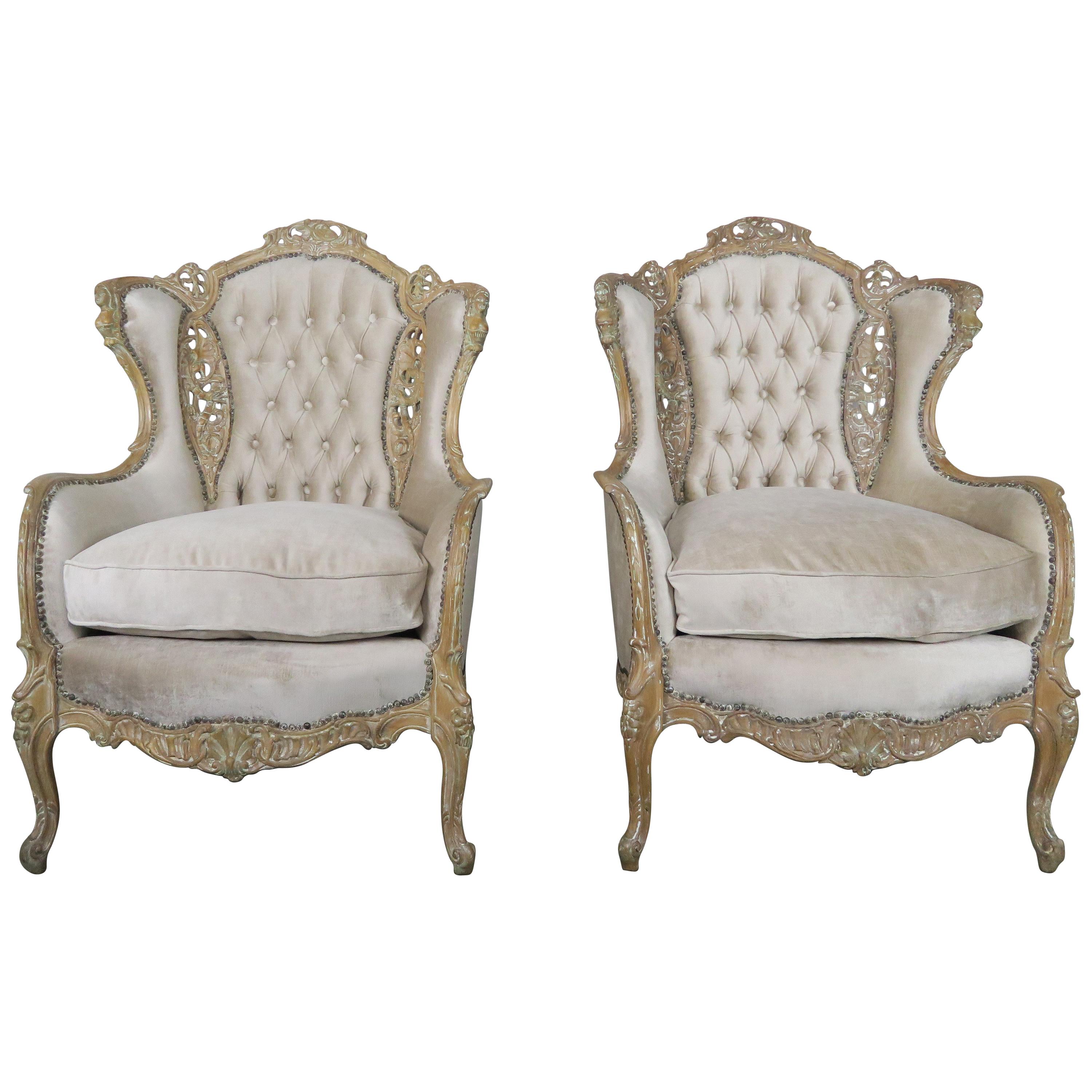 Pair of French Louis XV Style Cream Velvet Upholstered Bergeres, circa 1930s