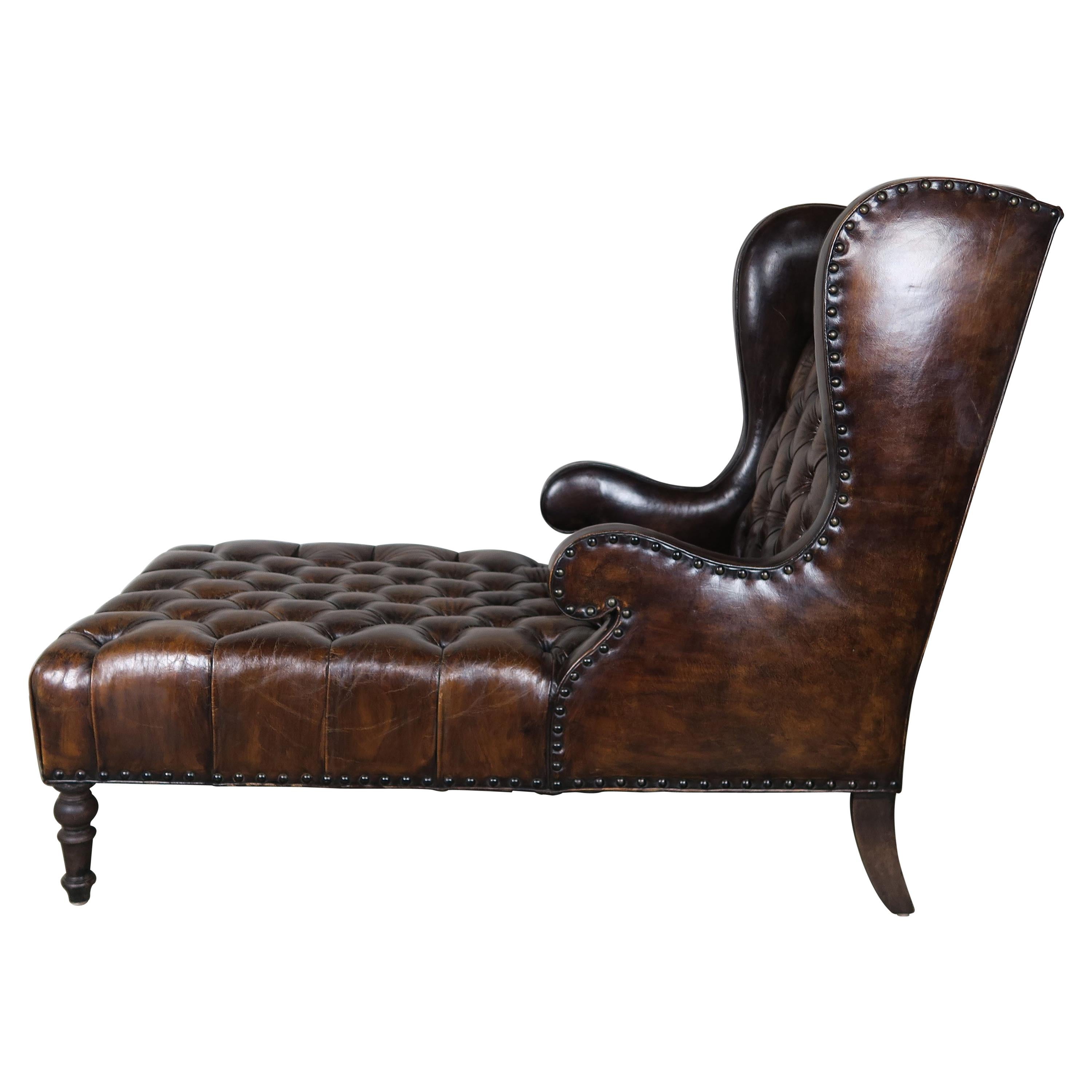 Leather Tufted Wingback Chaise with Nailhead Trim Detail