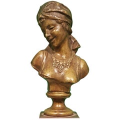 Antique Small Bronze Bust of Odalisque with Red French Marble Base, French Manufacture