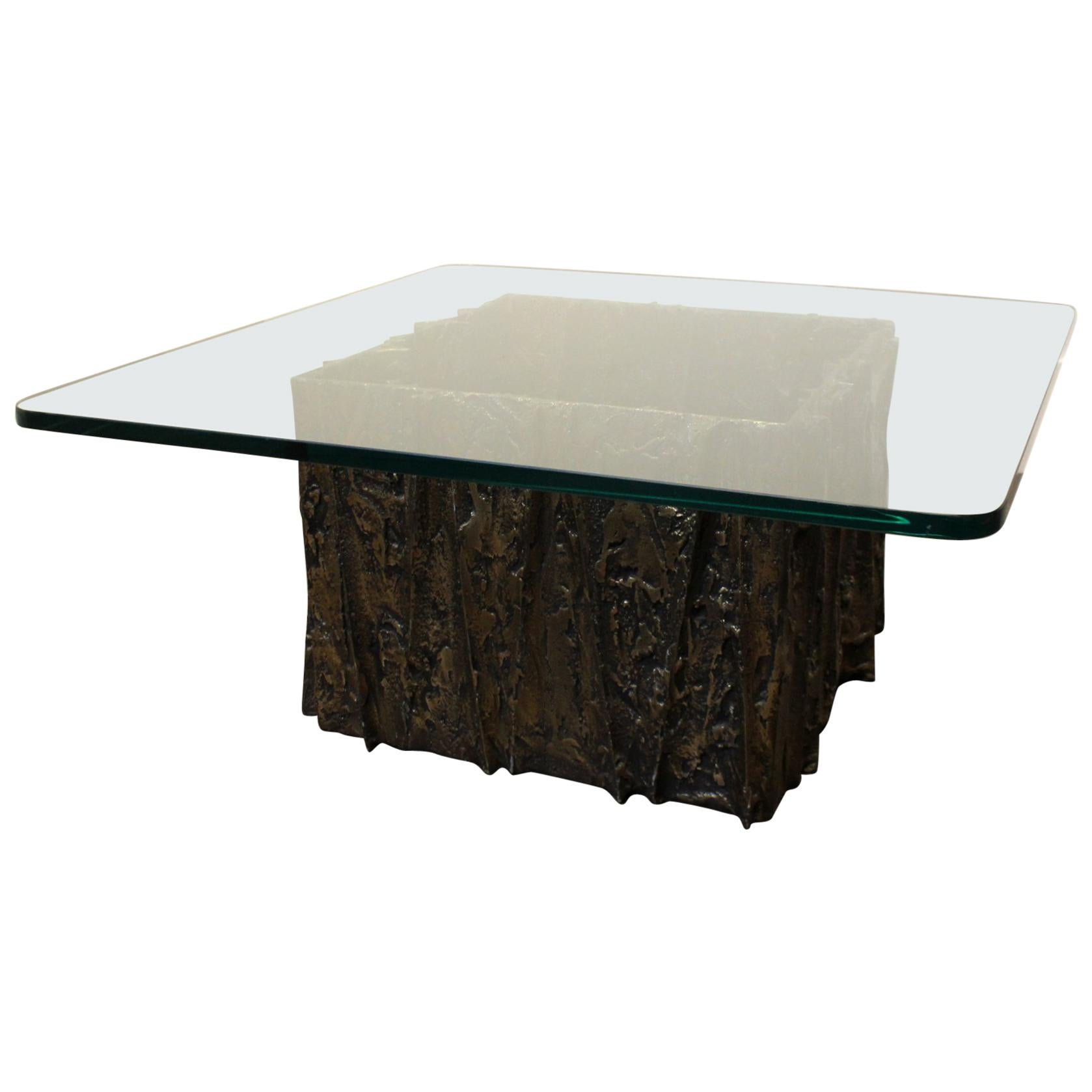 Glass and Bronze Brutalist Coffee Table by Paul Evans For Sale