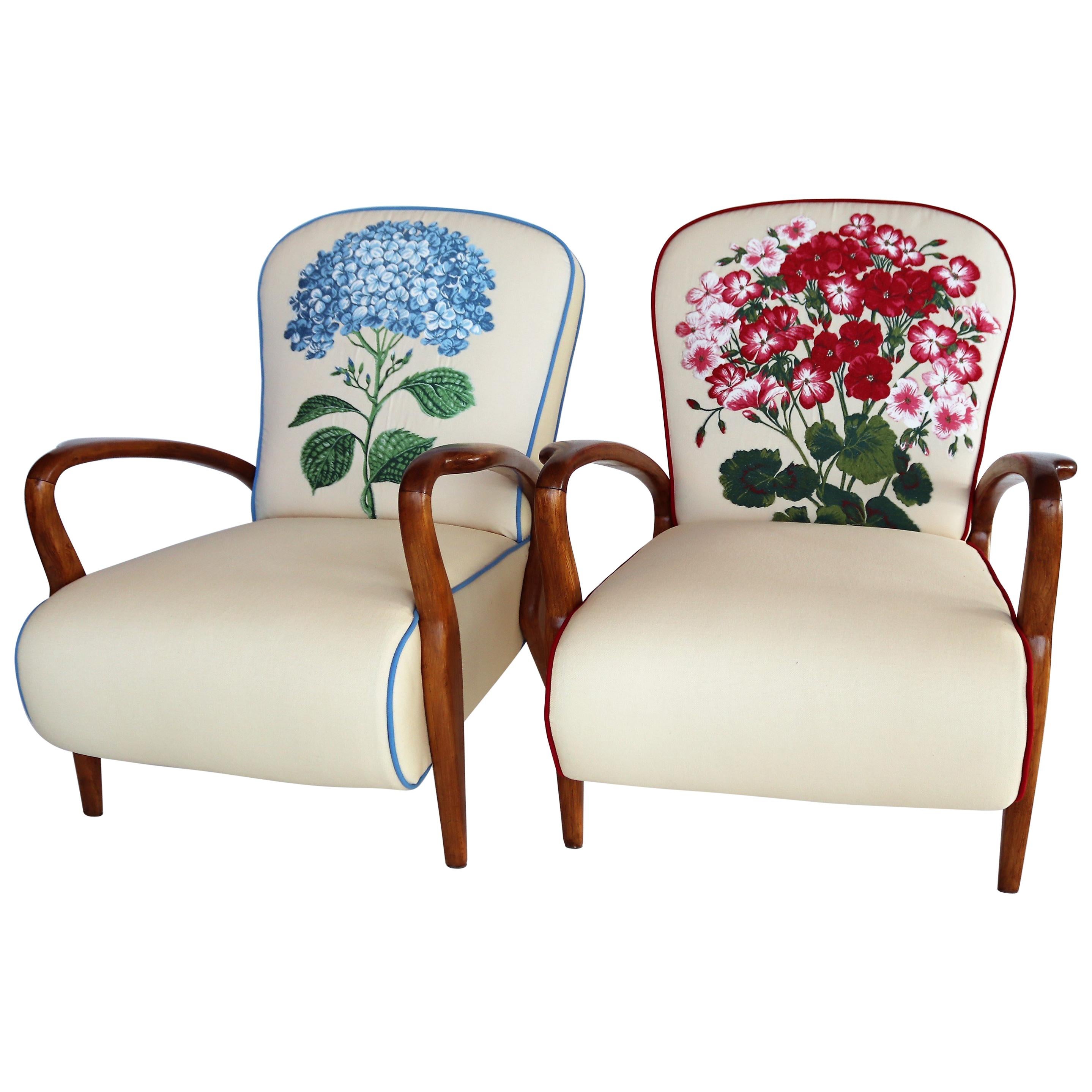Italian Midcentury Armchairs in Oakwood and Tapestry Fabric, 1950s