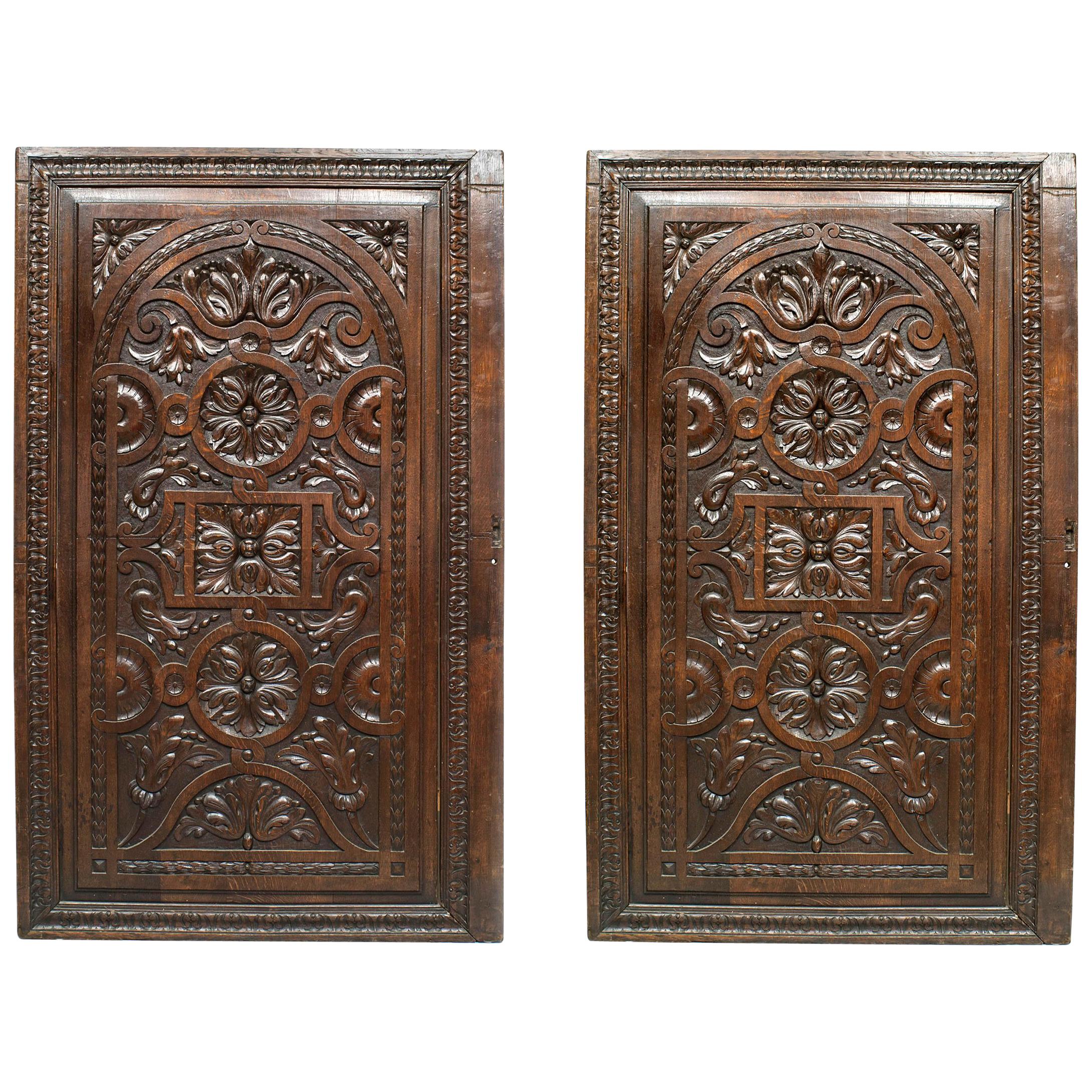 Pair of English Renaissance Style Carved Walnut Panels For Sale at