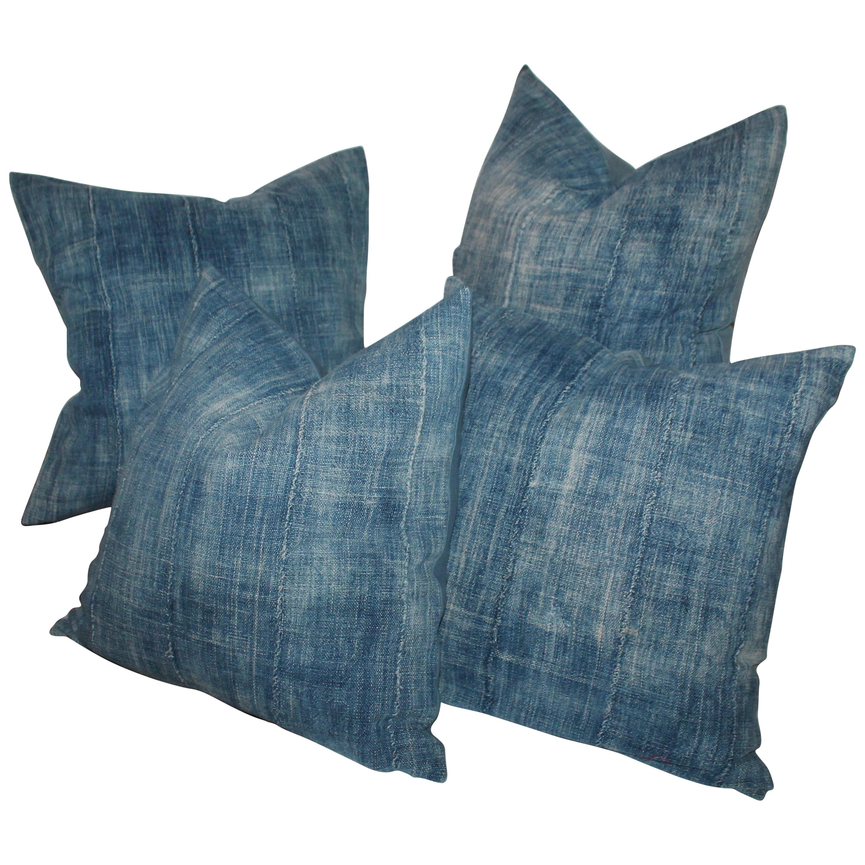 19th Century Blue Homespun Linen Pillows / Group of Four