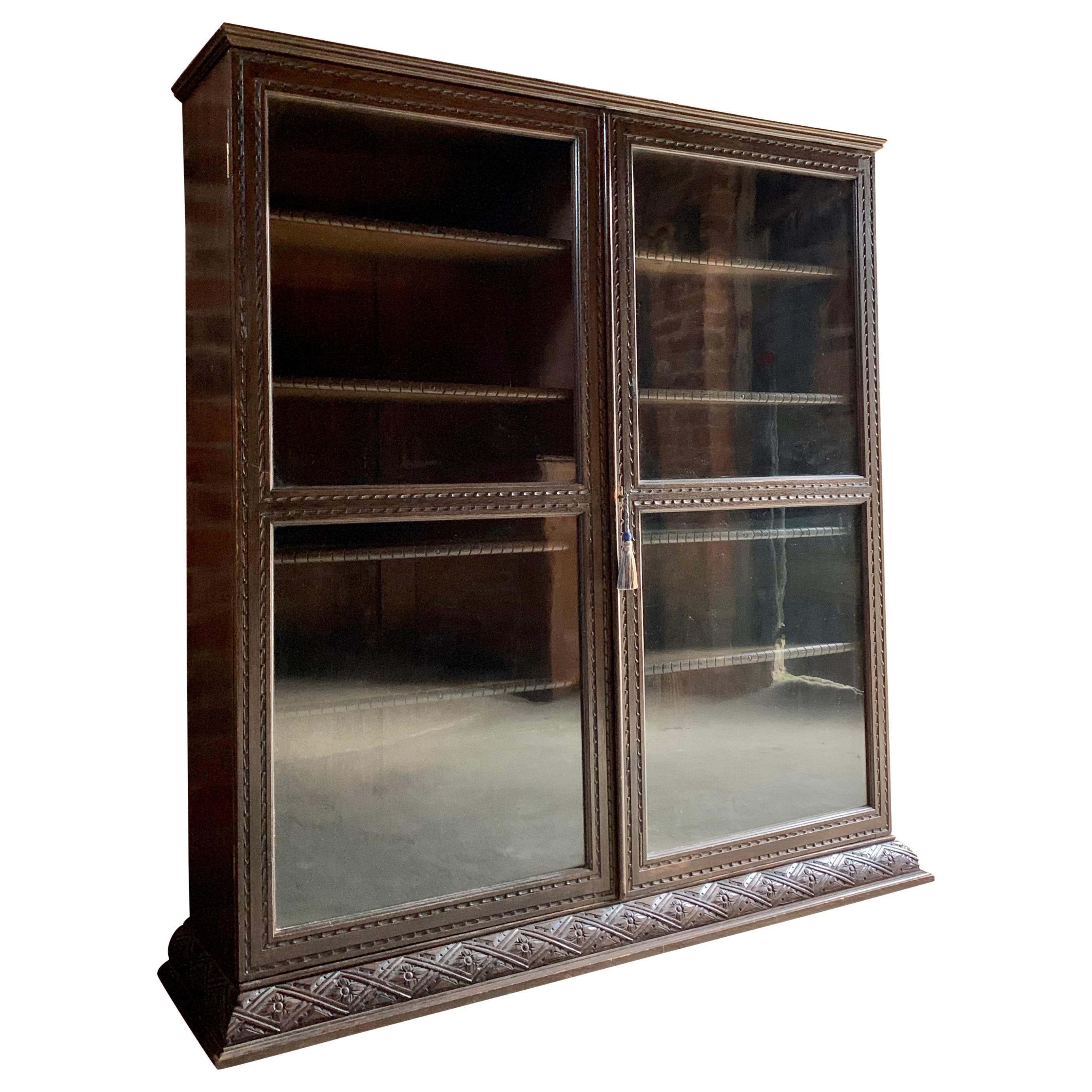 Magnificent Antique Oak Glazed Bookcase Carved Decoration, Early 20th Century
