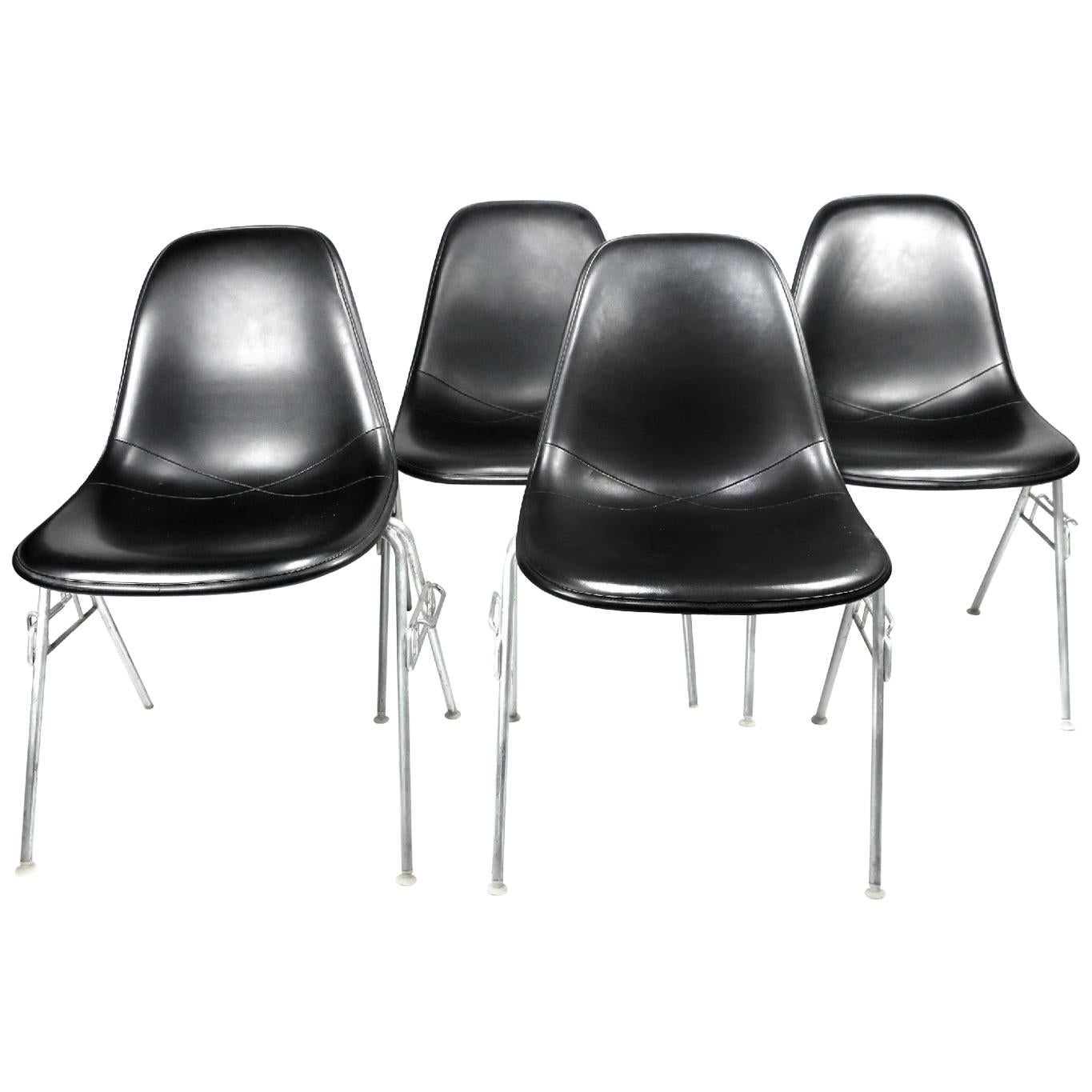 Black Upholstered Eames Stacking Chairs for Herman Miller, Set of Four