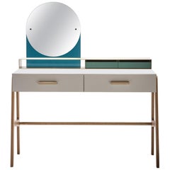 Contemporary beauty desk, makeup table, jewel case, mirror. Lacquered oak, brass