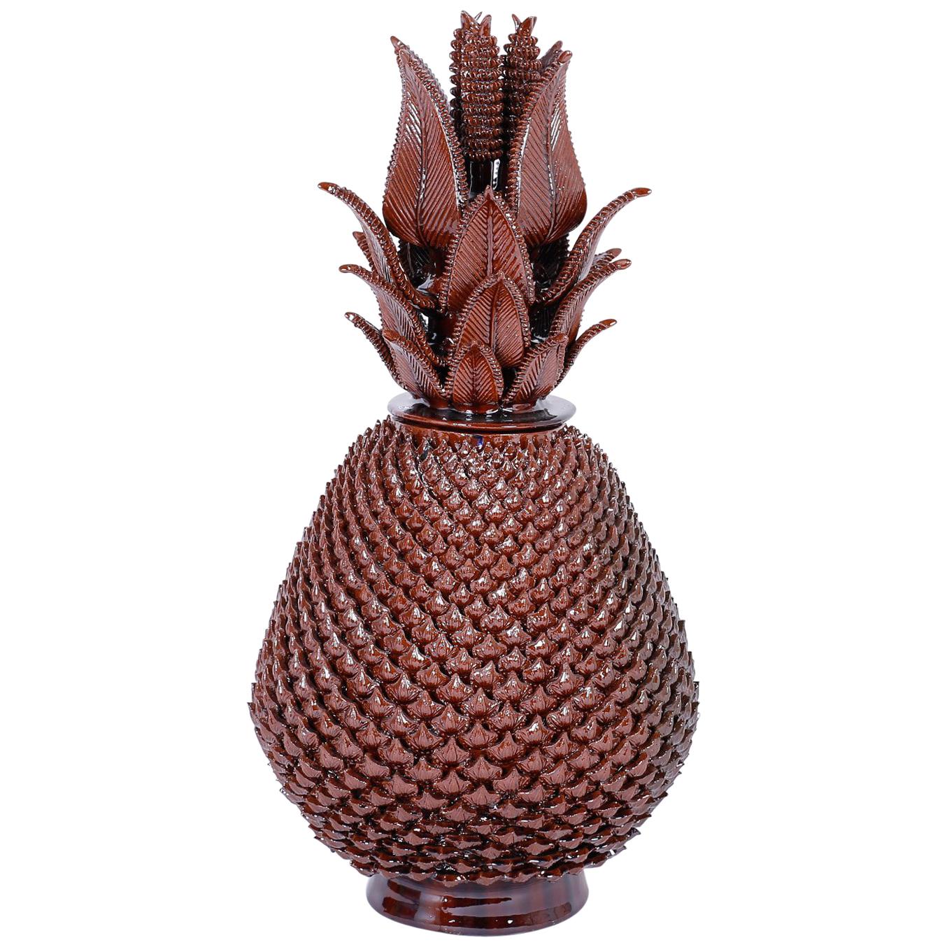 Pot à ananas à couvercle en terre cuite émaillée brune