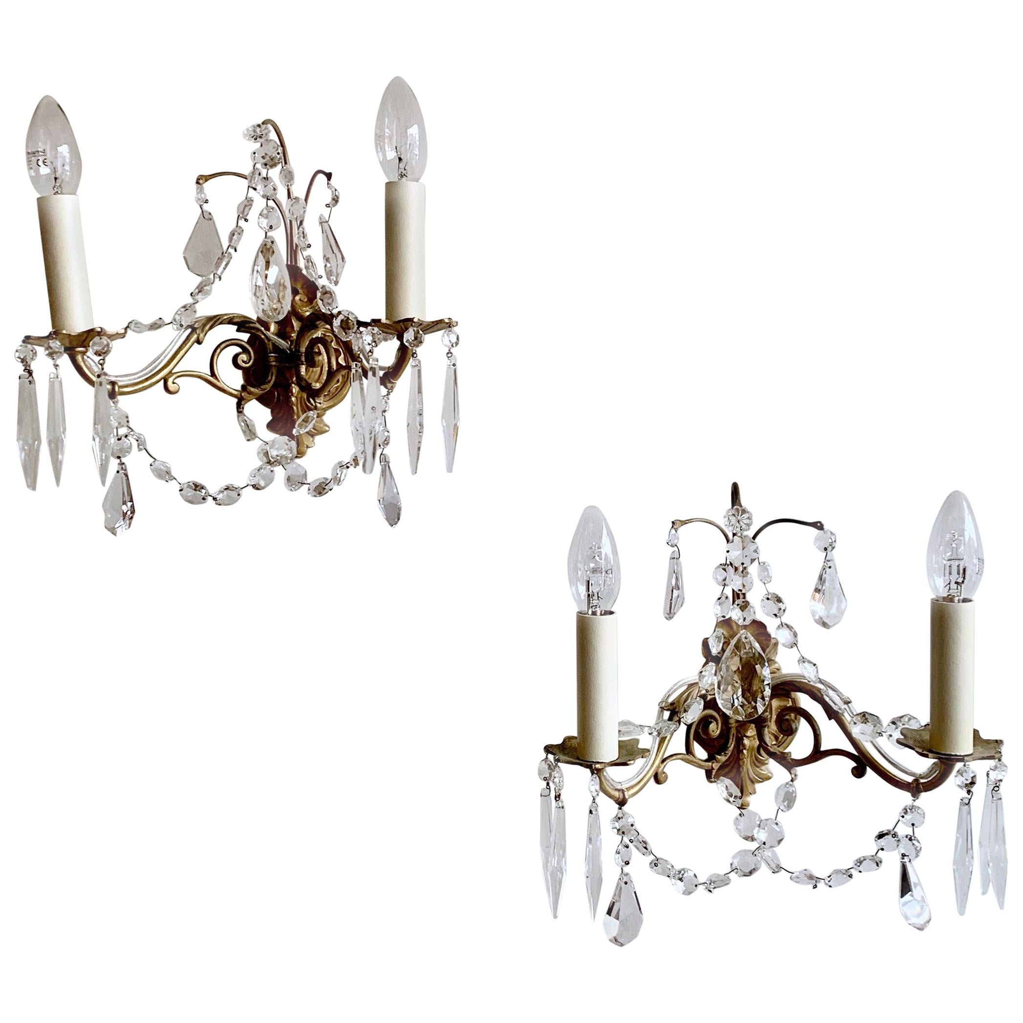 Pair of French Gilded Ornate Lamp Brass Wall Lights with Crystal Swag Drops