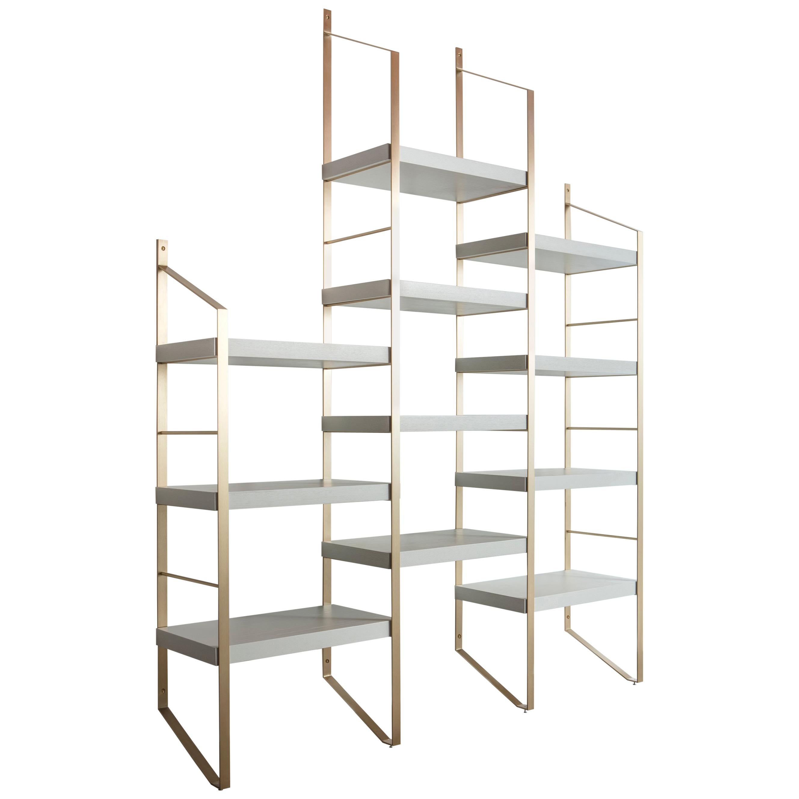 Contemporary bookcase, shelves, shelf in wood and brass