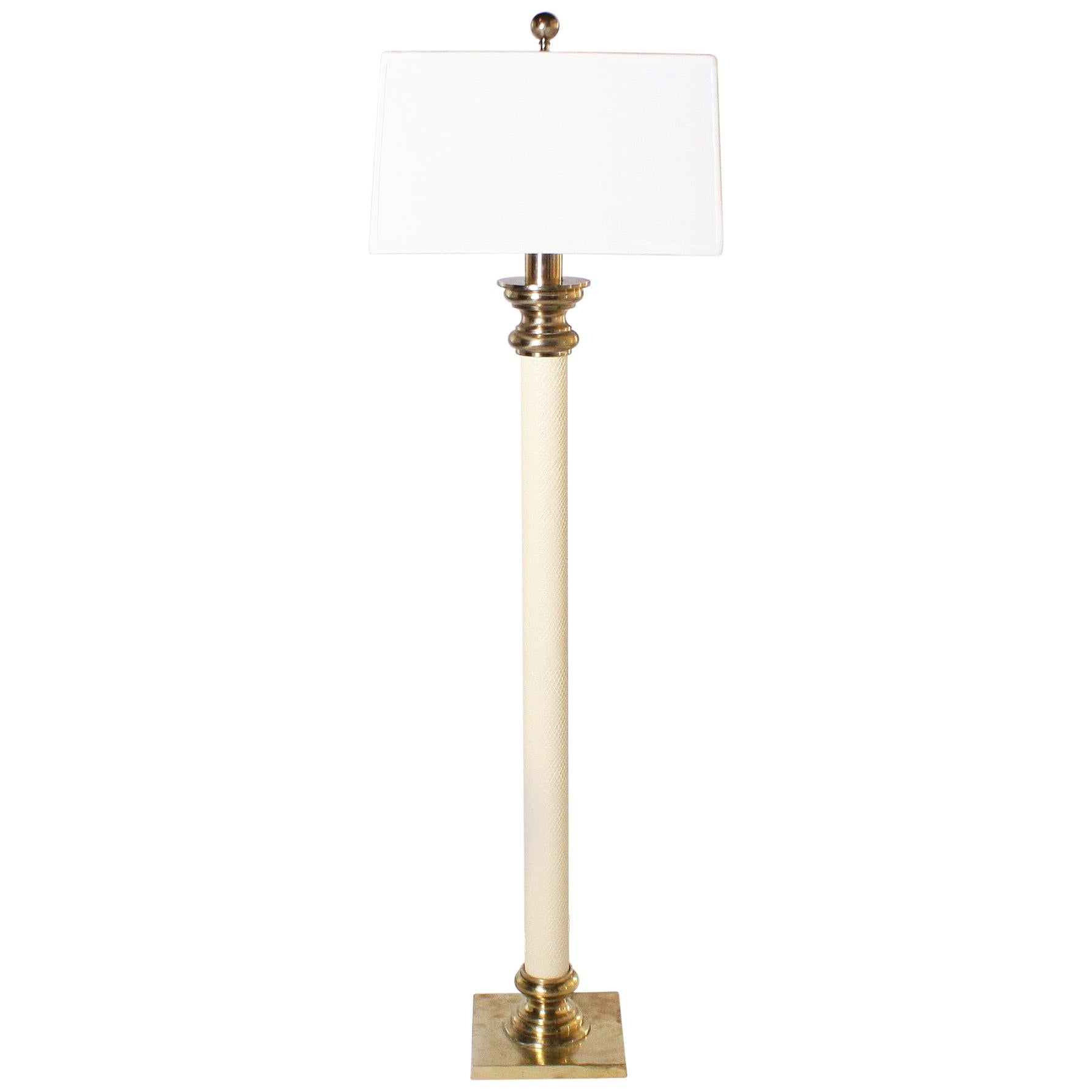 Ivory Faux Leather Floor Lamp with Brass Details, circa 1970