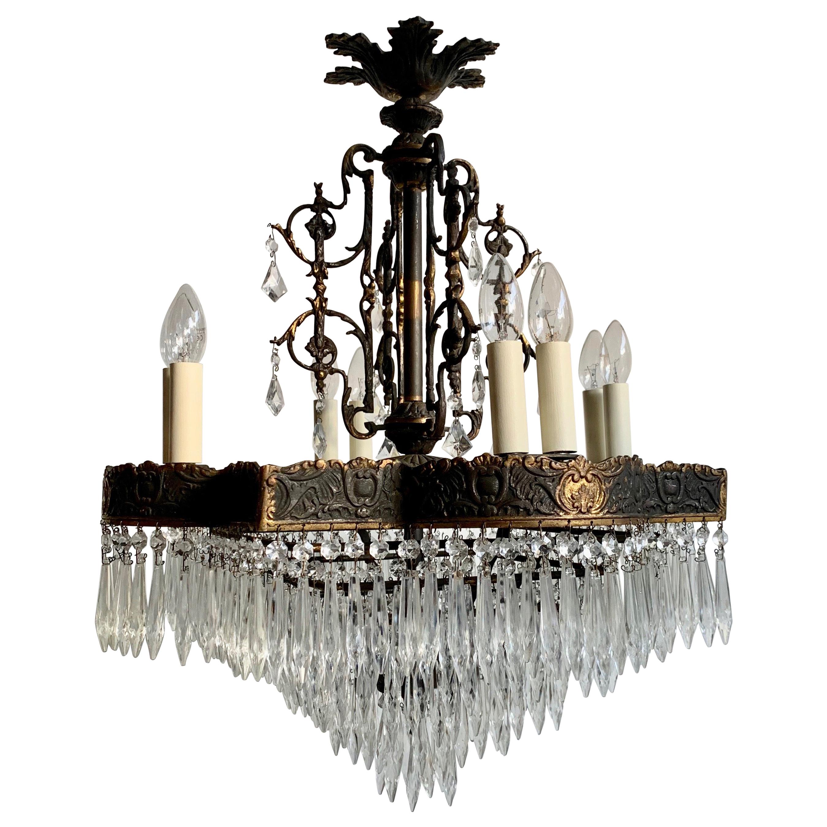 Large French Square French Tiered Waterfall Chandelier with Glass Icicle Drops