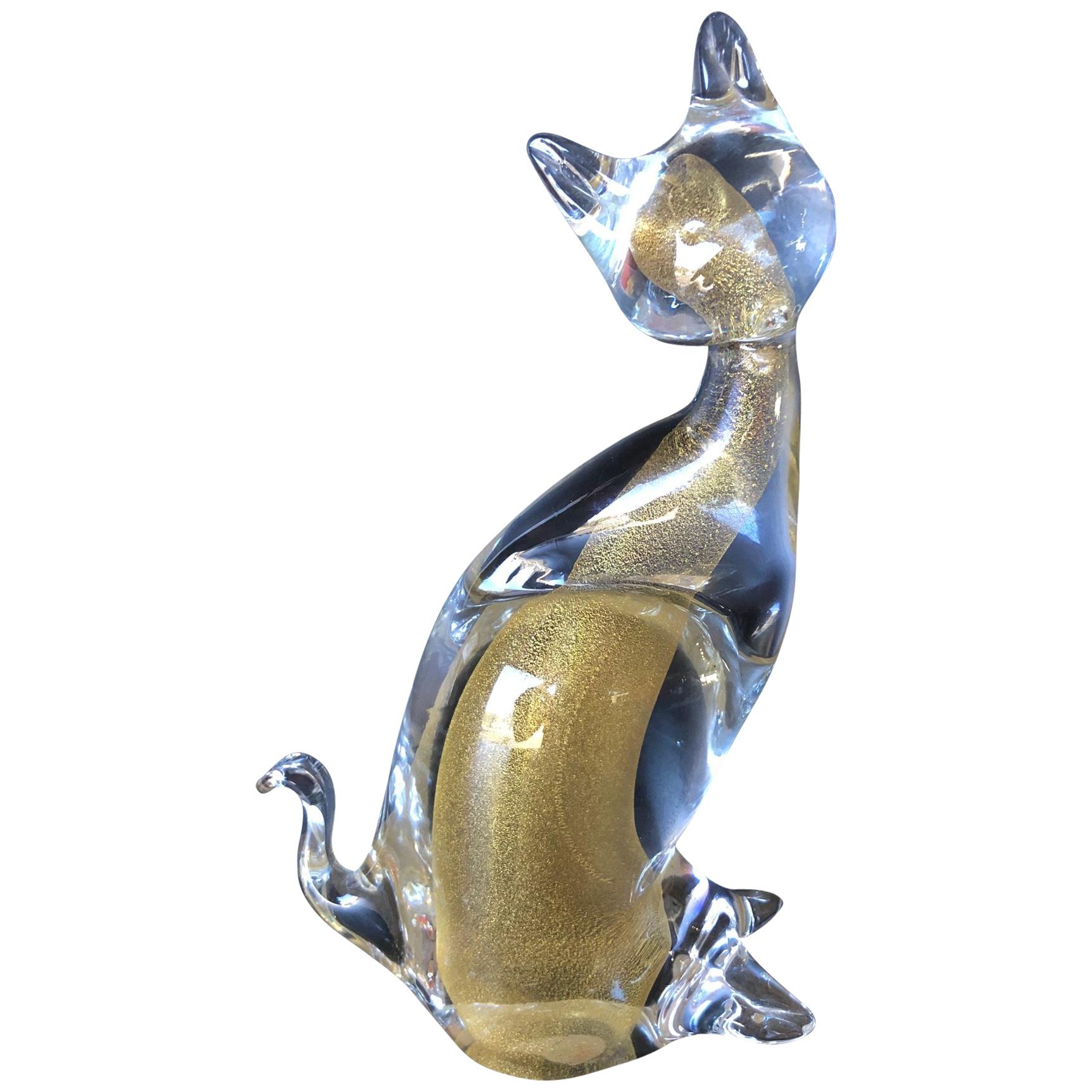 Sommerso Art Glass Cat Sculpture by Murano