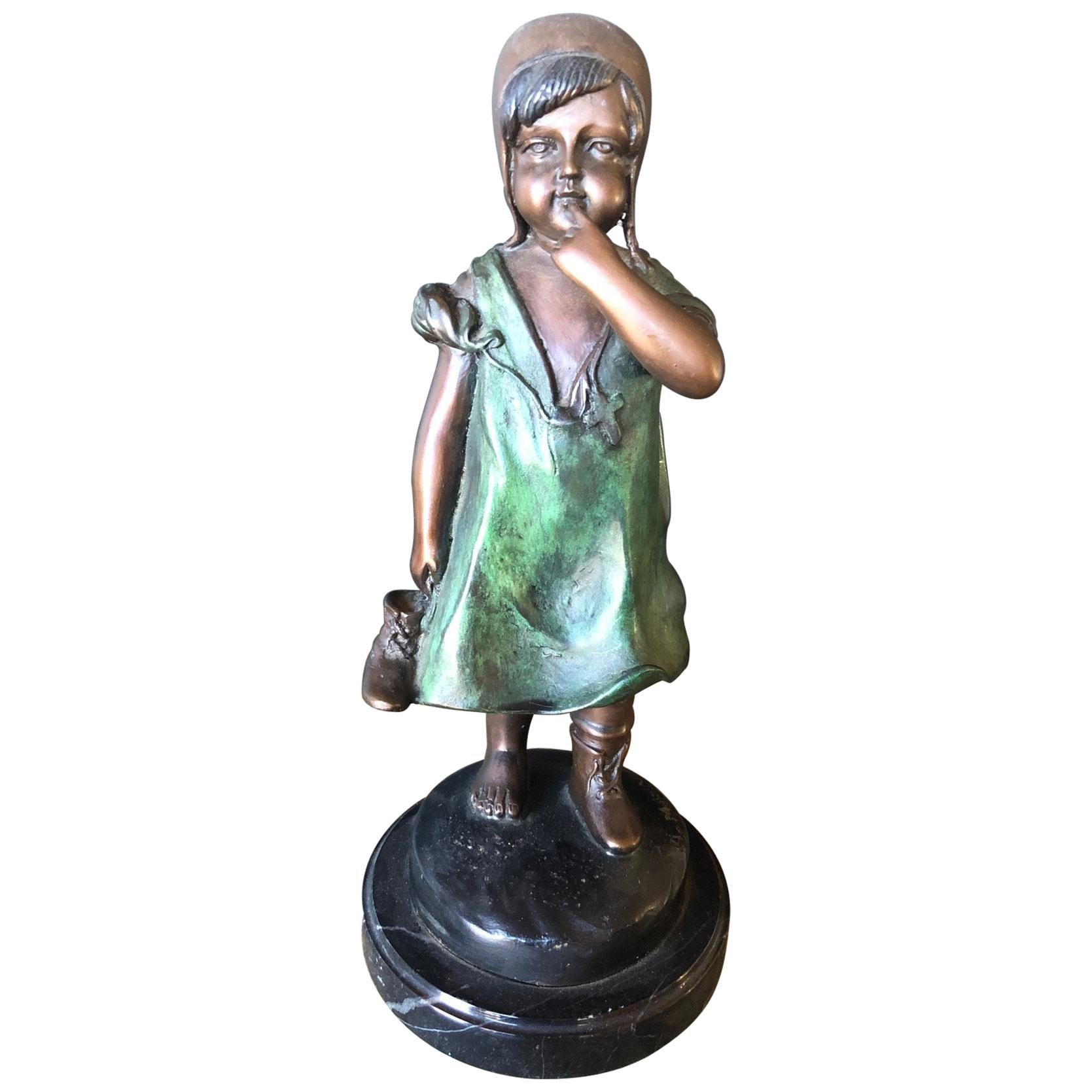 Painted Bronze Sculpture of a Young Girl by A Moreau