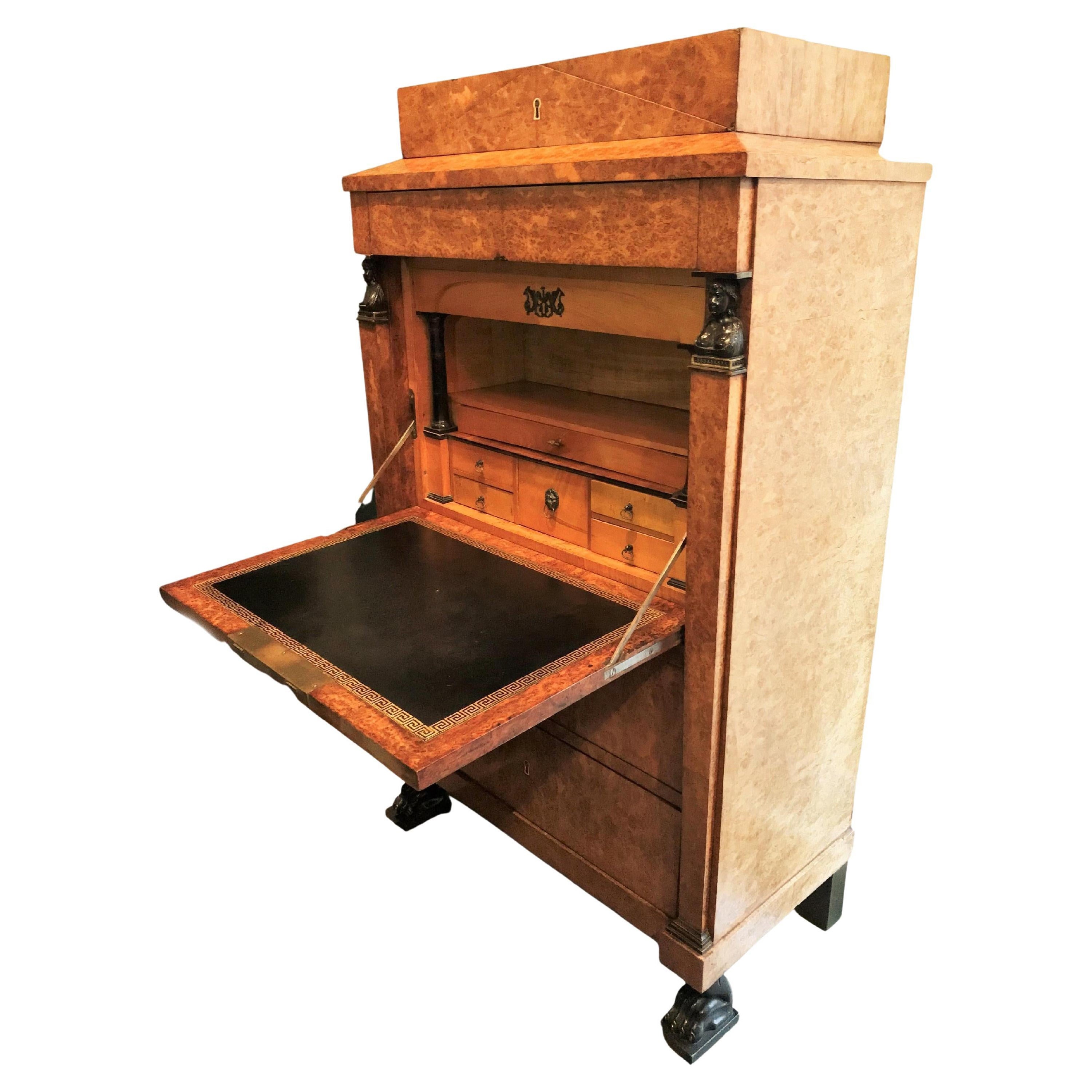19th C. Royal Antique Burl Wood Secretary Desk & Black Leather Drop Leaf Top Hrh For Sale