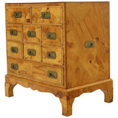 Campaign Italian Burl Olive Wood Patch Parquetry Nine Drawer Bachelor Chest 