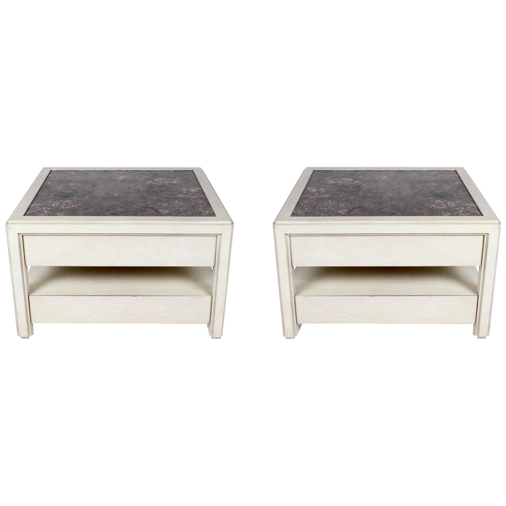 Pair of Large Scale Custom End Tables with Marble Tops by Designer Arthur Elrod