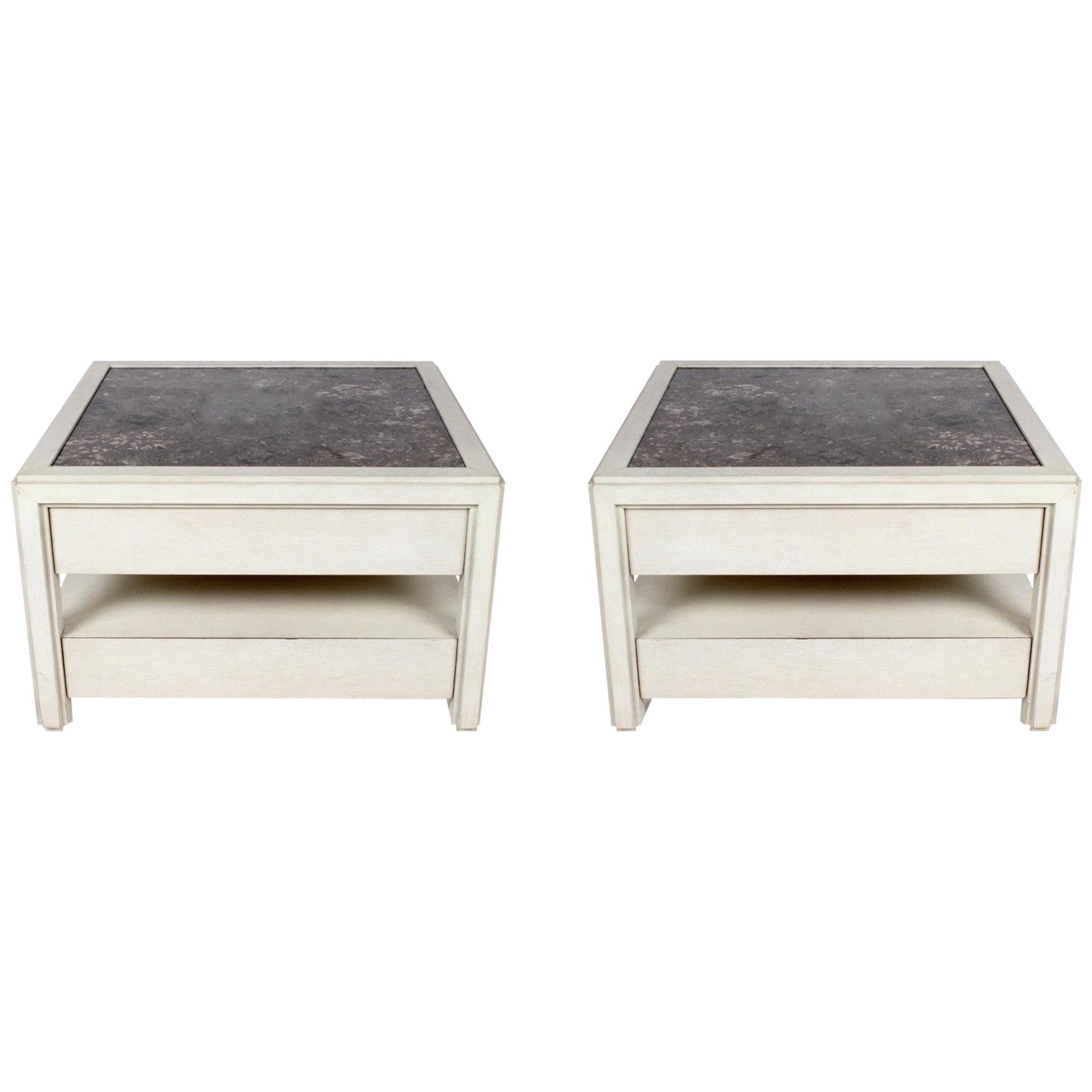 Pair of Large Scale Custom End Tables with Marble Tops by Designer Arthur Elrod