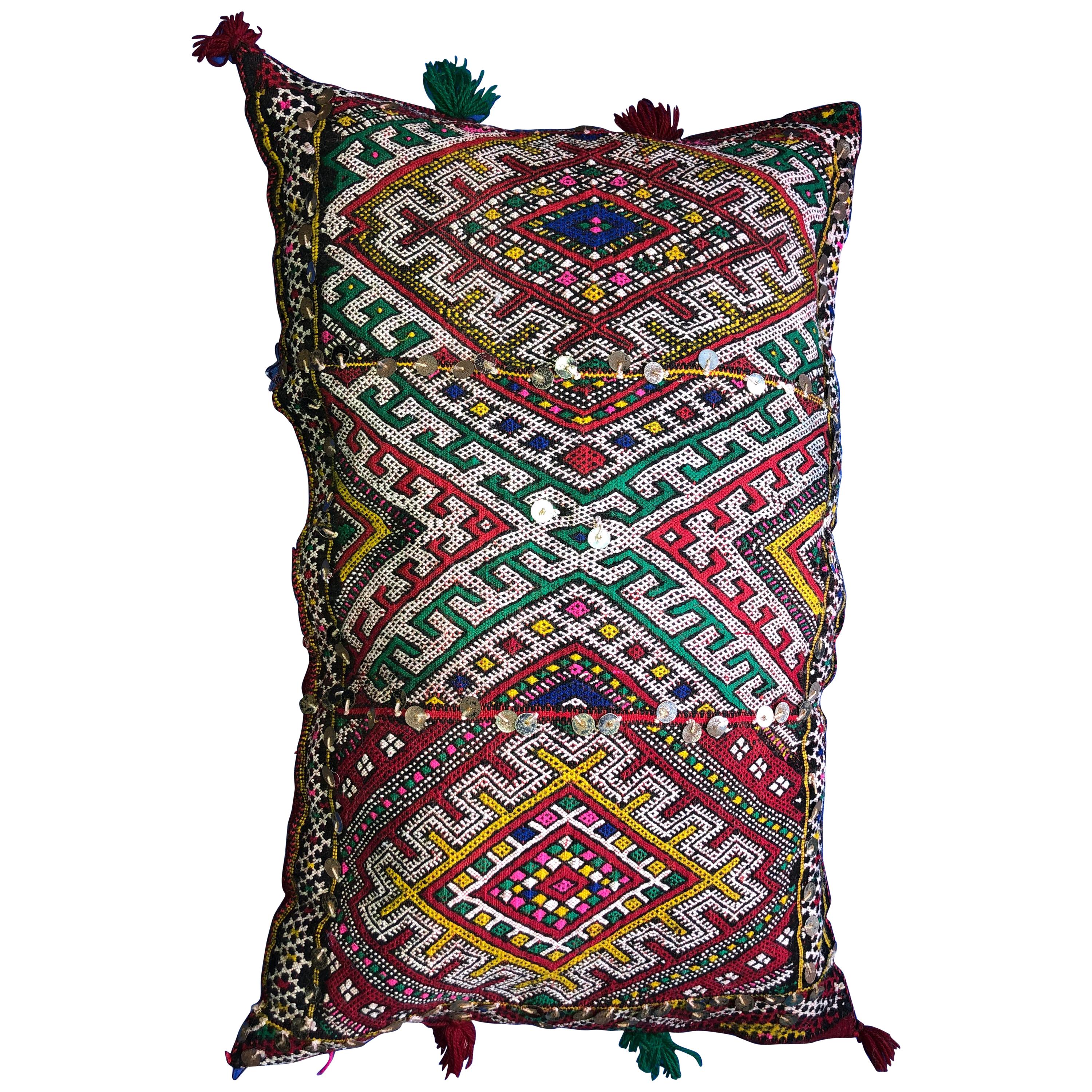 Boho Chic Handmade Vintage Red Moroccan Wool Kilim Pillow with Sequins For Sale