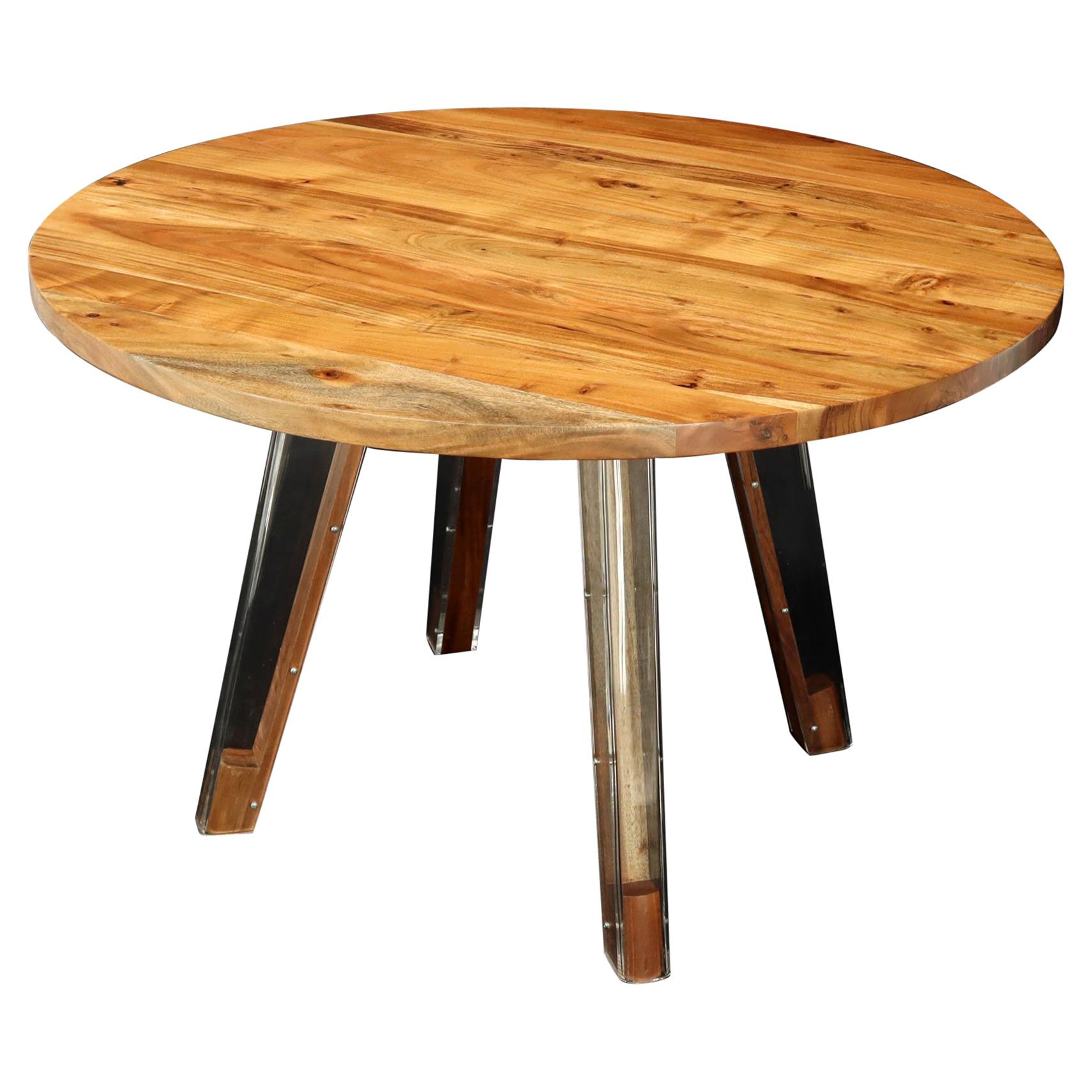 Round Solid Thick Oiled Teak Top Lucite Legs Dining Table