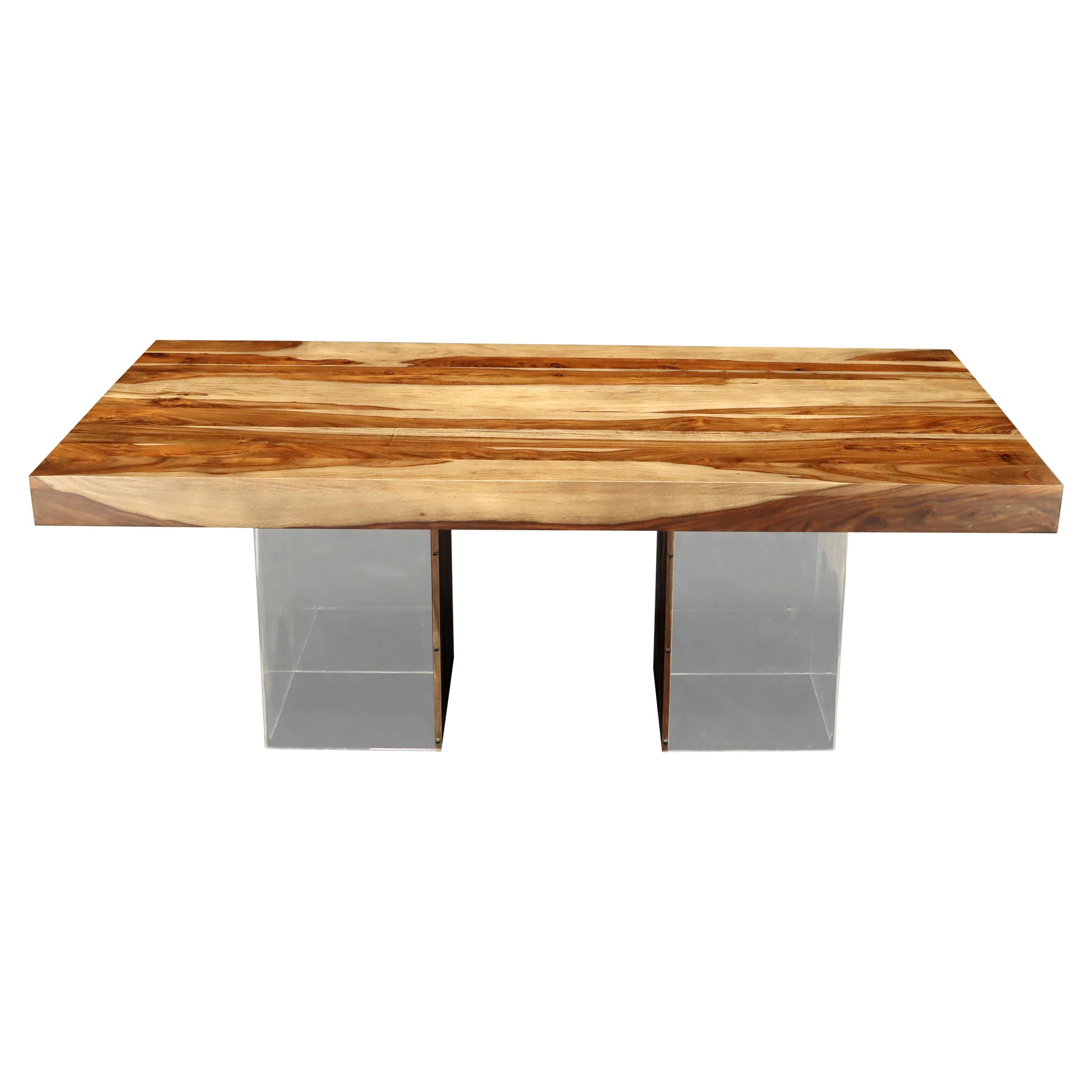 Large Solid Oiled Teak Rectangular Dining Table on Lucite Base