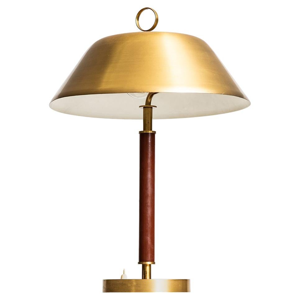Table Lamp in Brass and Leather Produced by Falkenbergs Belysning in Sweden For Sale