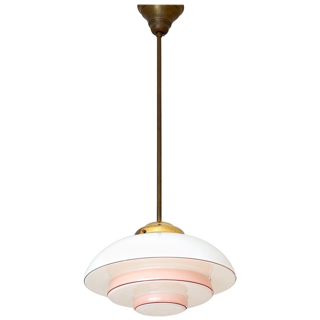 Bauhaus Pendant Lamp in Opaline Pink and Red Painted Glass and Brass, 1930s