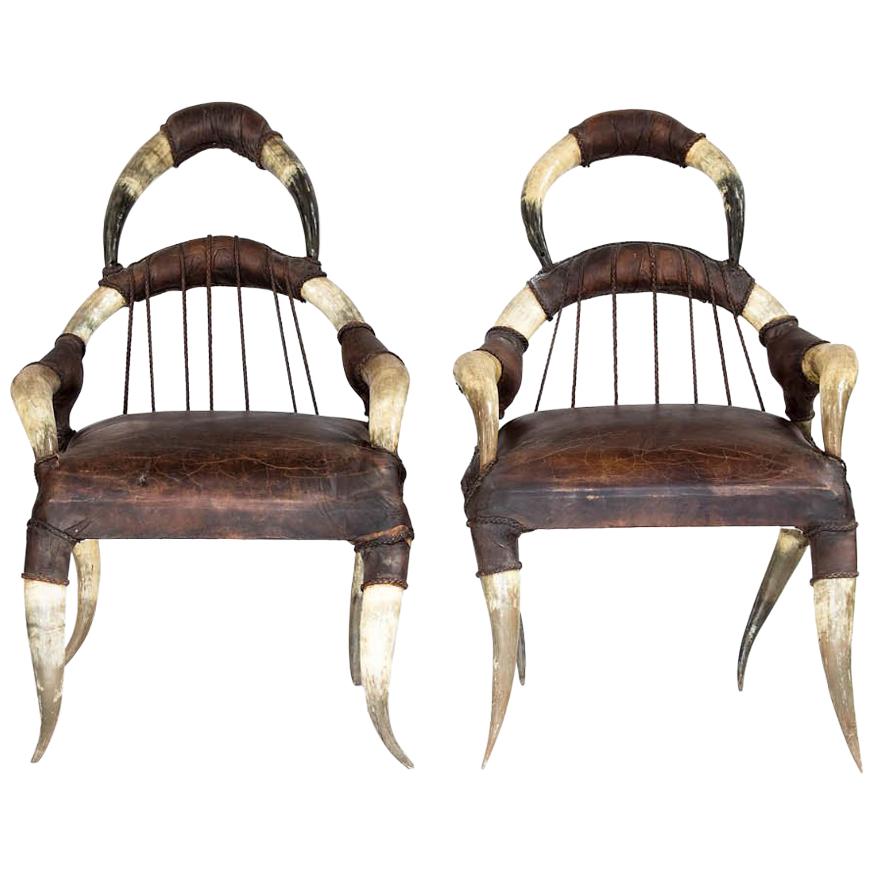 Michel Haillard, Pair of Buffalo Horn and Leather Armchair, circa 1980