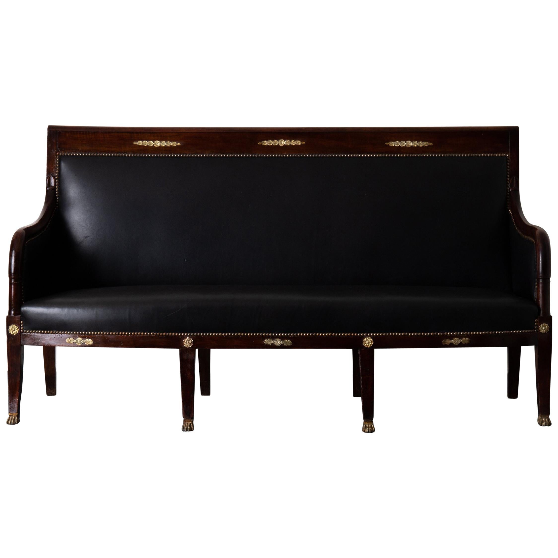 Sofa Bench French Empire Mahogany Brass Brown France For Sale