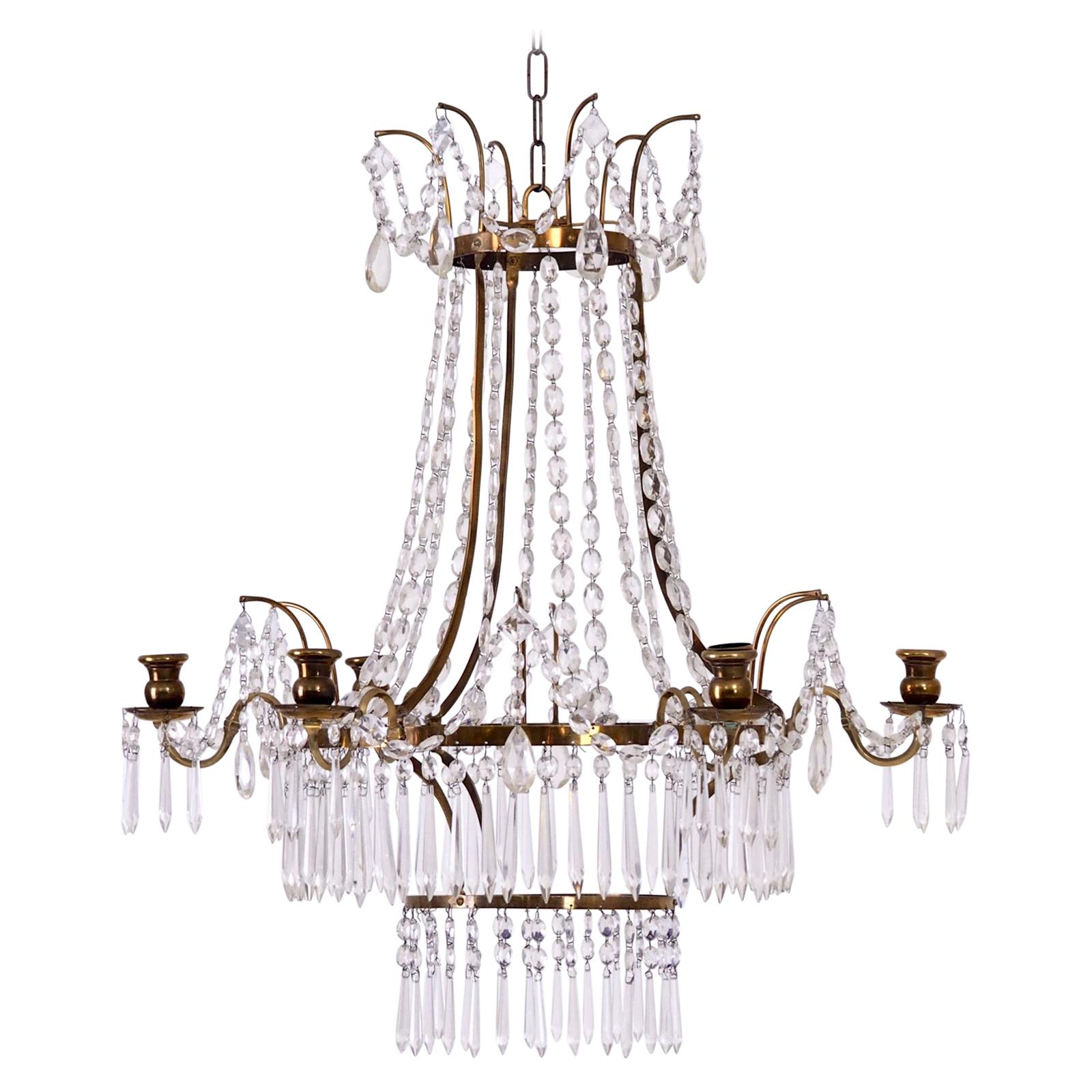 Gustavian Style Chandelier in Brass and Cut Glass, 19th Century