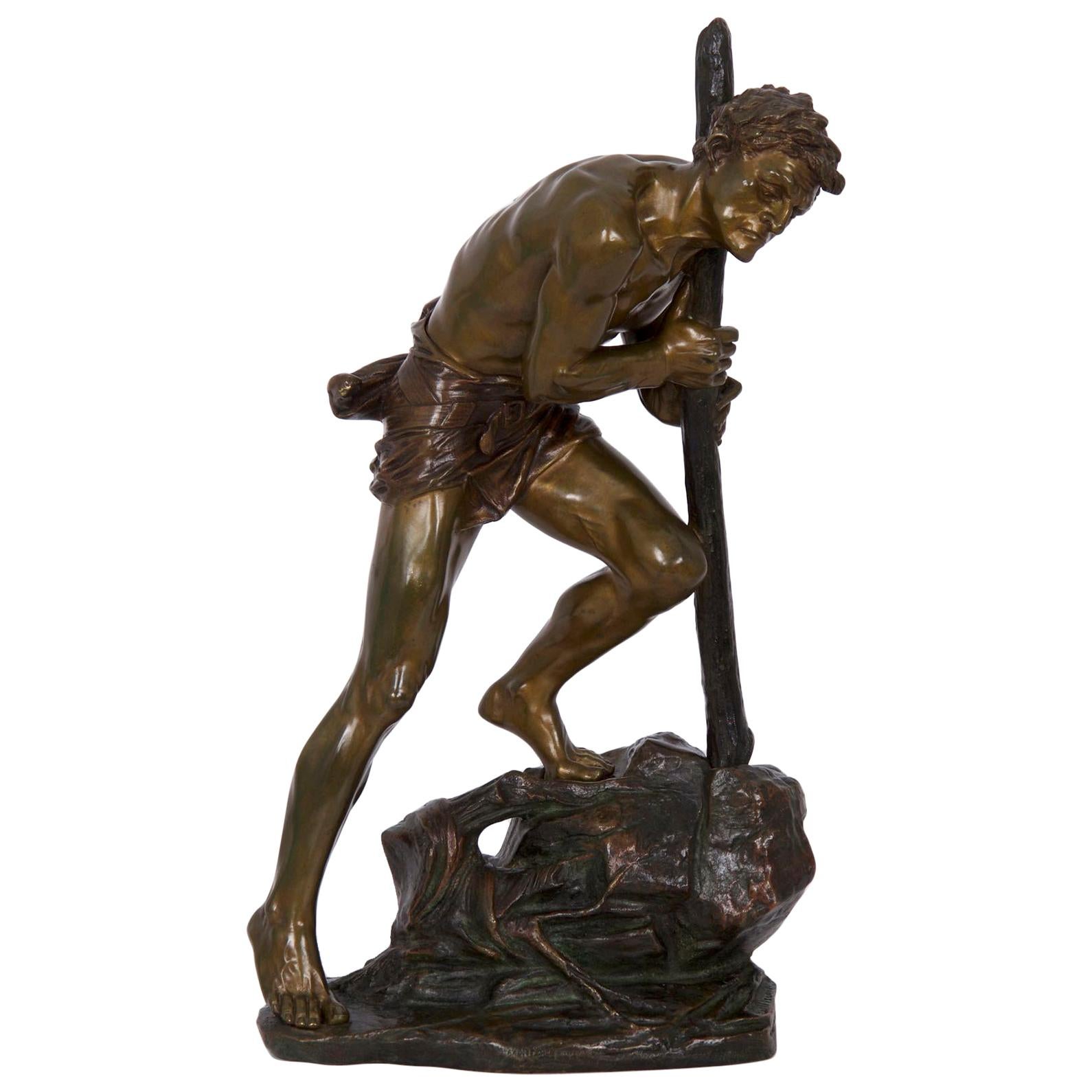 French Art Deco Antique Bronze Sculpture of Laborer by Edouard Drouot