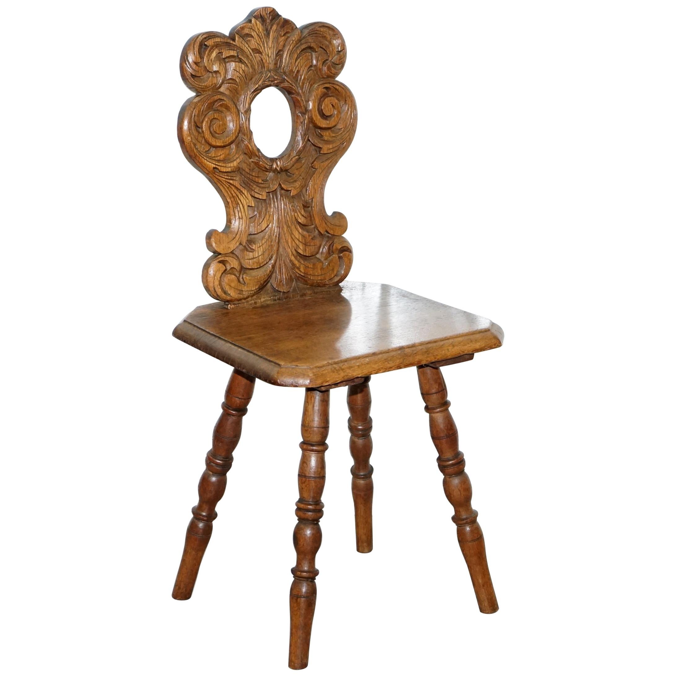 Italian Hand Carved Oak Hall Chair with Ornate Wood Floral Cresting Back Rest
