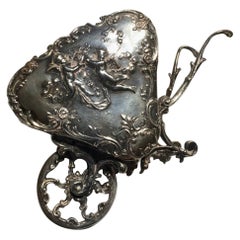 Italie Fin du 19e siècle Argent Sterling Baroque Petit Chariot d'Amour 